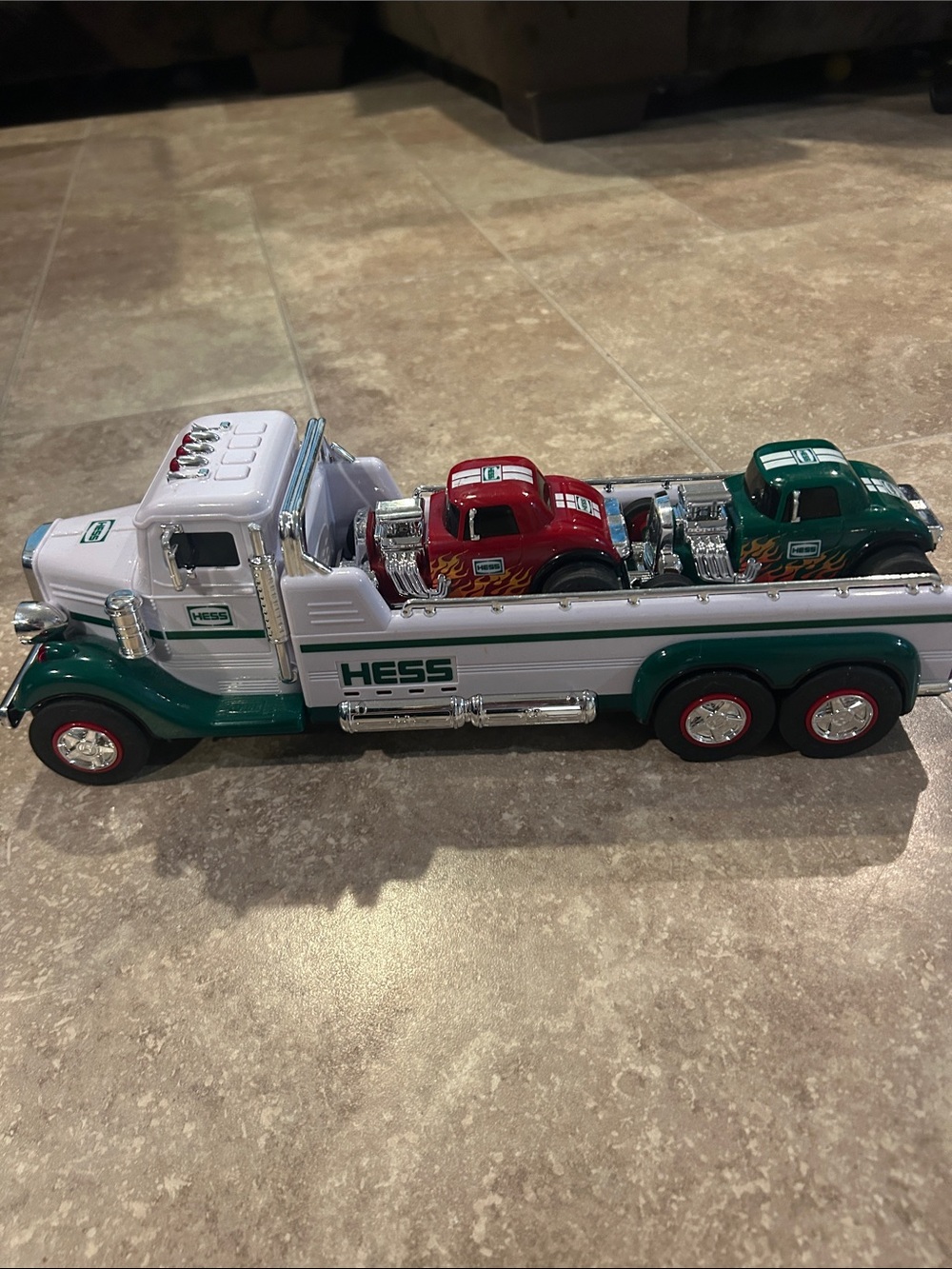 Hess truck Toy Car Carrier with Red and Green Race Cars